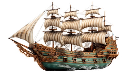 A majestic pirate ship with sails raised, sailing on the ocean, evoking adventure and mystery, studio view, isolated on transparent background.
