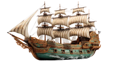 Fotobehang A majestic pirate ship with sails raised, sailing on the ocean, evoking adventure and mystery, studio view, isolated on transparent background. © Muzamil