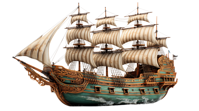 A majestic pirate ship with sails raised, sailing on the ocean, evoking adventure and mystery, studio view, isolated on transparent background.