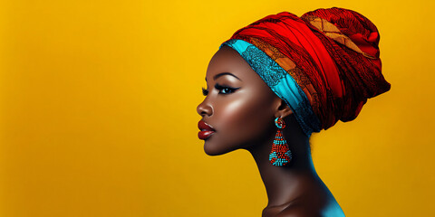 Empowering portrait of an African woman in red and turquoise headwrap, ideal for Kwanzaa celebrations, cultural events, or promoting diversity in fashion.