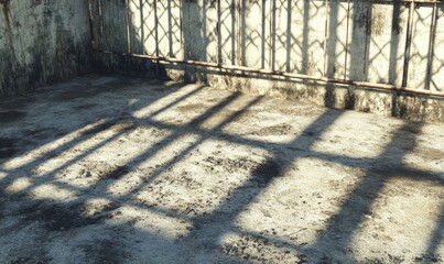 Abstract shadows cast by a metal fence on rough pavement, geometric and striking.