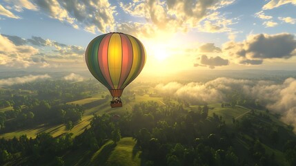 Fototapeta premium Hot Air Balloon Soaring Over Scenic Rolling Hills