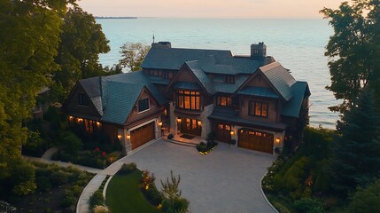 Sophisticated large home exterior featuring modern luxury aesthetics photo