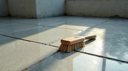 A small wooden-handled brush rests on a light-colored tiled floor, bathed in sunlight, creating a serene and clean atmosphere.