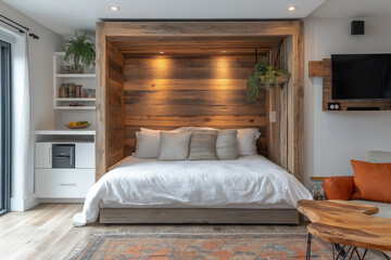 Photographie d&rsquo;un studio &eacute;tudiant au design minimaliste, &eacute;quip&eacute; d&rsquo;un lit escamotable, d&rsquo;une table &agrave; manger pliable, de murs blancs &eacute;pur&eacute;s, et de rangements int&eacute;gr&eacute;s, espace de vie fonctionnel