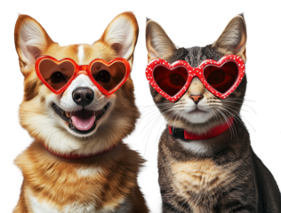 Dog and cat wearing heart-shaped sunglasses in transparent background, Valantine's Day theme