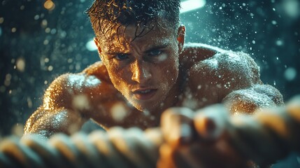 Athlete doing intense battle rope exercises an industrialstyle gym dust particles floating in the air from the motion