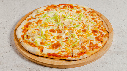 Delicious pizza on tray isolated