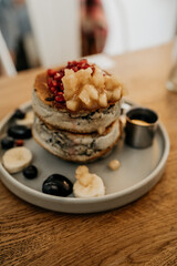 Pancakes with toppings for breakfast