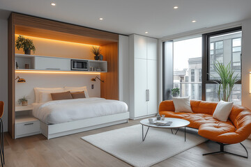 Photographie d&rsquo;un studio &eacute;tudiant au design minimaliste, &eacute;quip&eacute; d&rsquo;un lit escamotable, d&rsquo;une table &agrave; manger pliable, de murs blancs &eacute;pur&eacute;s, et de rangements int&eacute;gr&eacute;s, espace de vie fonctionnel