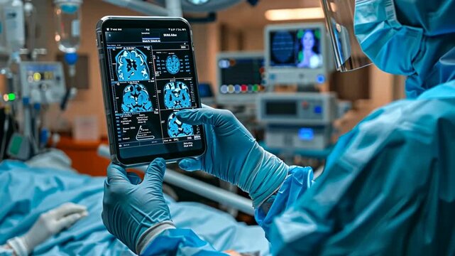 A healthcare worker in full protective gear is reviewing brain scan images on a tablet while in an intensive care unit, focusing on the patient's critical condition and treatment