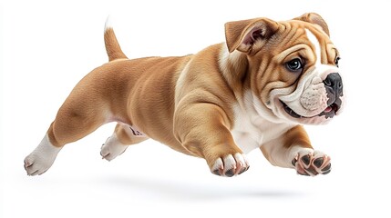 Beige bulldog flying through air playful and cute isolated on a white background
