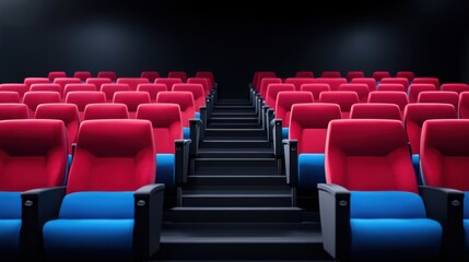 Fototapeta premium Rows of Red and Blue Theater Seats in a Dark Cinema Space Perfect for Movie Experiences and Events