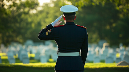 Back view of a soldier saluting in a quiet military cemetery with bright sunlight and green surroundings
