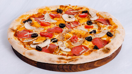 Delicious pizza on tray isolated