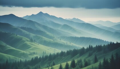 Fototapeta premium Paisaje montañoso escénico con capas de tonos azules, colinas cubiertas de frondosos bosques verdes y picos distantes visibles a través de la atmósfera brumosa