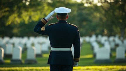 Soldier in formal uniform saluting toward a sunlit military cemetery with white tombstones in neat rows

