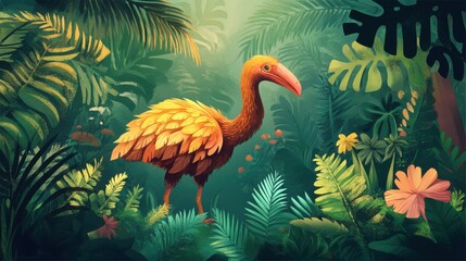Obraz premium Golden Bird in Lush Tropical Paradise: A Vibrant Digital Painting of Exotic Avian Life
