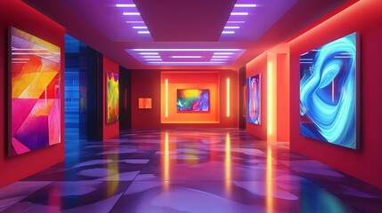 Abstract Art Gallery Neon Lit Corridor