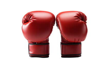 Classic red boxing gloves representing martial arts, boxing culture, and physical endurance, studio view, isolated on transparent background.