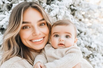 A joyful family gathers with the mother holding a small baby, hugging and celebrating the New Year in front of a Christmas tree in a beautifully decorated room.