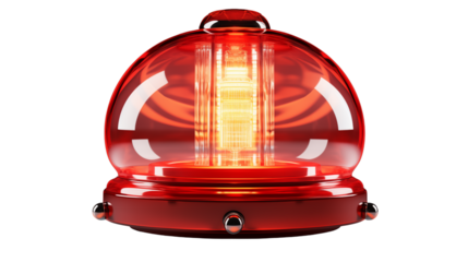 A glowing red emergency light captured in detail, symbolizing urgency and caution, studio view, isolated on transparent background.