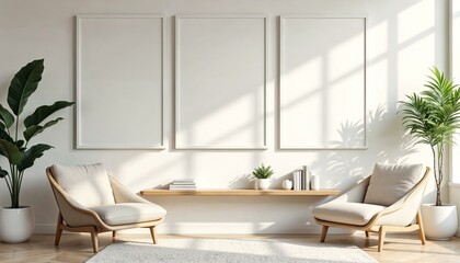 Clean and minimalist living room with wooden shelf and white frames in realistic 3D style