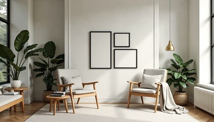 Stylish interior with white walls and natural wooden furniture emphasizing simplicity and elegance in 3D
