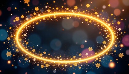 Obraz premium Delicate circular frame with glittering golden particles and star accents in vibrant digital style