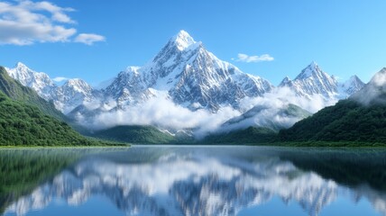 A crystal-clear mountain lake reflecting the surrounding snow-capped peaks. Generative AI