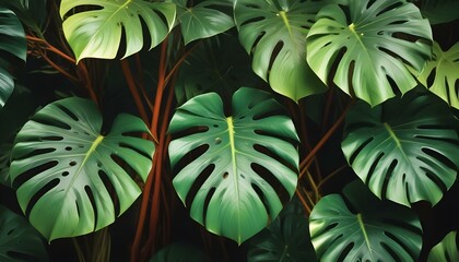 Fototapeta premium Exuberantes hojas verdes de monstera, con un gran follaje tropical que llena el marco. Las hojas tienen una apariencia vibrante y brillante y distintos patrones divididos, creando una escena densa y v