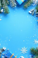 Christmas and New Year holidays setting with Christmas ornaments against a light pastel background. Flat lay presentation, ample copy space.