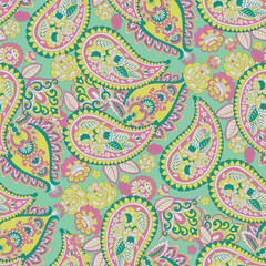 Floral seamless pattern with paisley ornament. Vector illustration in asian textile style