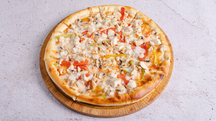 Delicious pizza on tray isolated