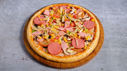 Delicious pizza on tray isolated