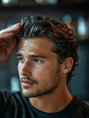Fototapeta premium Young man styling his hair in a stylish indoor setting