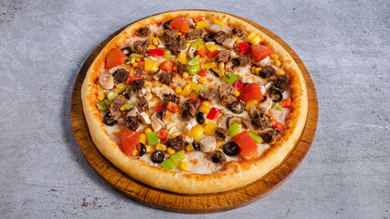 Delicious pizza on tray isolated