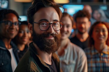 Obraz premium A diverse group of friends smiling together in a vibrant setting, showcasing friendship and connection in a modern space.