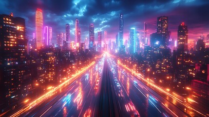 Fototapeta premium Neon-lit futuristic cityscape at night, viewed from a highway.