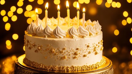 Cake adorned with candles  .Birthday treat  .Wedding confection  .White and gilded  .Golden masterpiece  .Pure white delight  .Gifts and candles included  .Golden embellished ribbon  .Delicious sweet