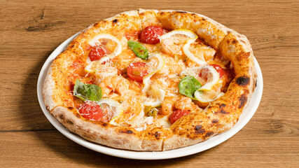 Delicious pizza on tray isolated