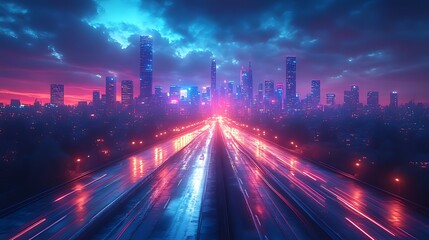 Fototapeta premium Neon cityscape at night, highway leading to futuristic skyline.