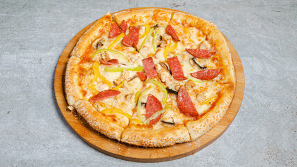 Sausage pizza on tray isolated
