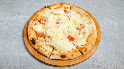 Delicious pizza on tray isolated