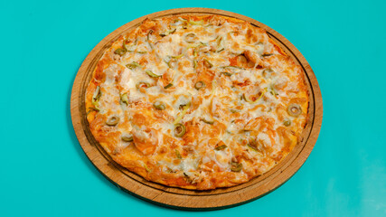 Delicious pizza on tray isolated