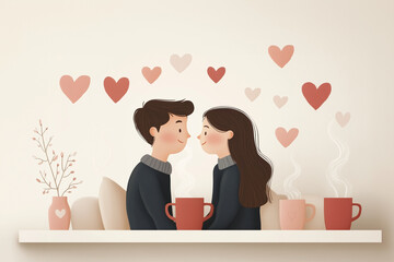 A delightful Couple in Love presenting a charming Coffee and Hearts Illustration