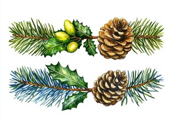 Pine tree branch adorned with holly in a vintage style. gracefully arranged spruce and fir twigs in vivid green. Hand-drawn watercolor illustration set apart. Enclosed in a Christmas frame. Perfect