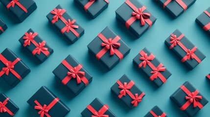 Obraz premium Black gift boxes with red satin bow and tie isolated on a black background, suitable for Christmas, birthday surprises, or December holiday gifts. Perfect for wedding or anniversary advertisements.