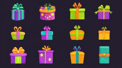 Flat Design Christmas and New Year Gift Boxes Adorned with Ribbons.Celebrate the Holidays with These Stylishly Wrapped Gift Boxes.Glamorous Flat Design Gift Boxes for Christmas and New Year with