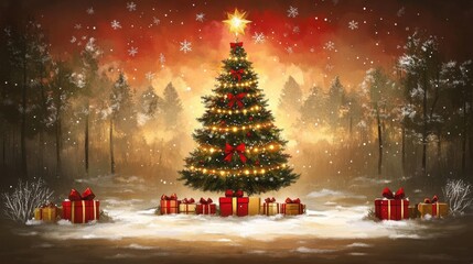Obraz premium A majestic Christmas tree adorned with snowflakes and gifts against a red backdrop, embodying the holiday spirit.